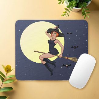Mousepad Bruxa de Halloween num Pad de Mouse Flying Broom