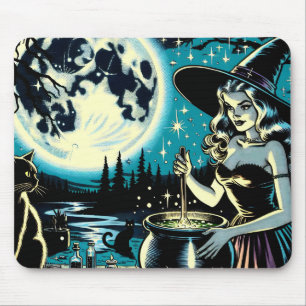 Mousepad Bruxa de Halloween Vintage mexendo um caldeirão