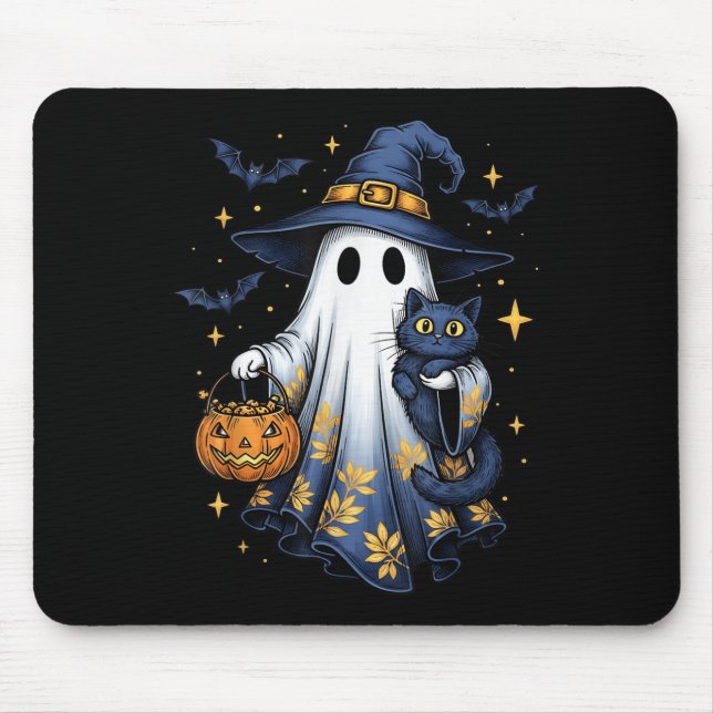 Mousepad Bruxa Fantasma do Halloween Segurando Gato Preto D (Frente)