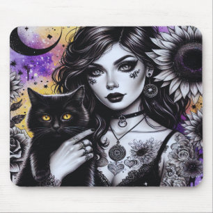 Mousepad Bruxa Gótica Celestial e Gato Negro