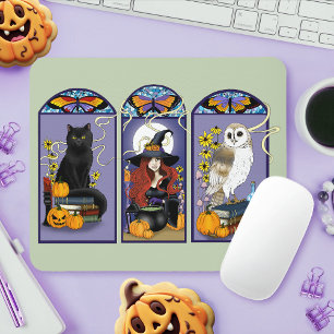 Mousepad Bruxa Gótica Gato Preto Coruja Halloween Art Nouve