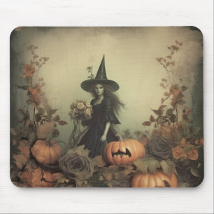 Mousepad Bruxa Gótica Sépia com Abóboras e Rosas de Outono