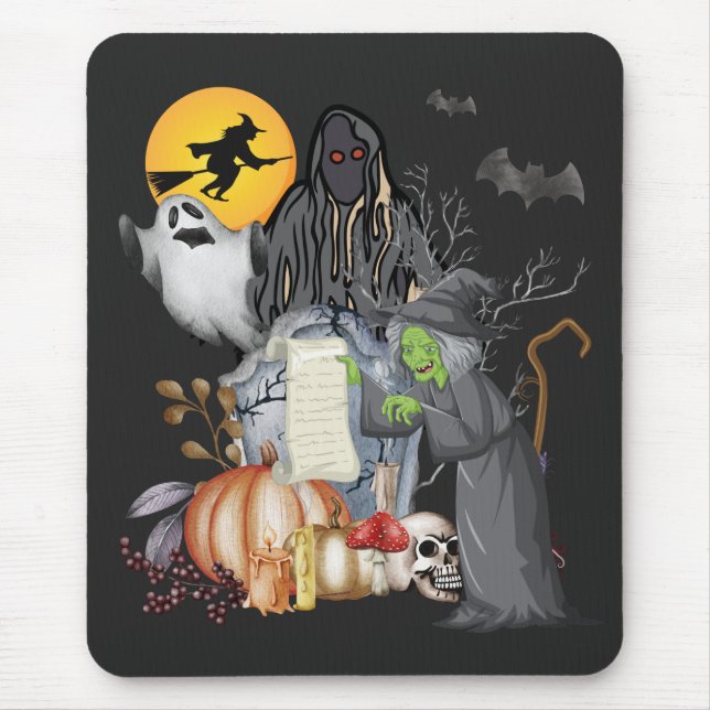 Mousepad Bruxa Velha Do Halloween Com Fantasmas E Abóbora (Frente)