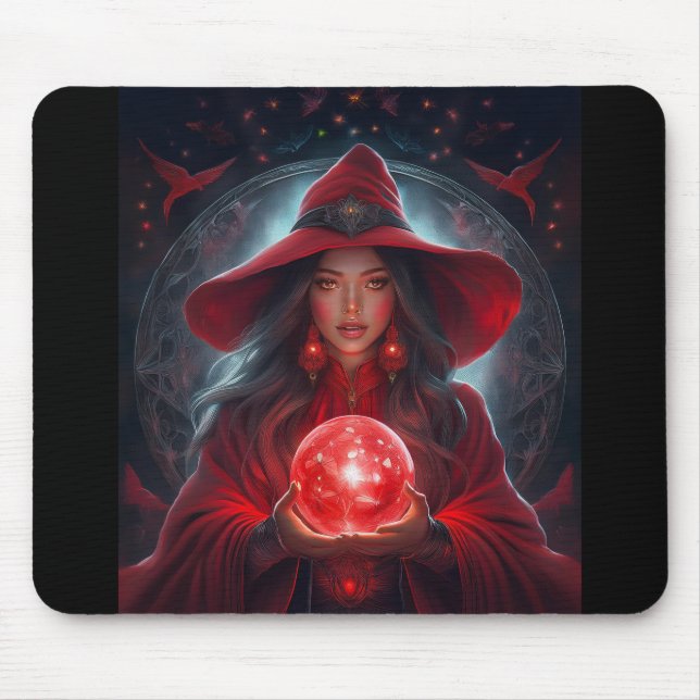 Mousepad Bruxa Vermelha Com Bola De Cristal E Fundo Incríve (Frente)