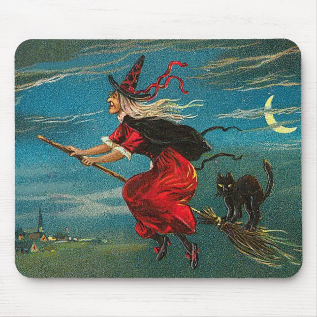 Mousepad Bruxa Voando Gato Preto Lua Crescente (Frente)