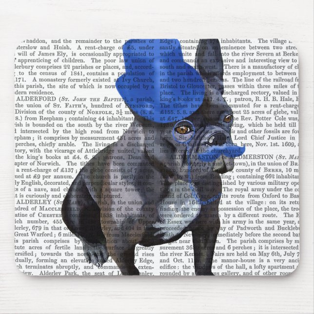 Mousepad Buldogue francês com chapéu azul e bigode (Frente)