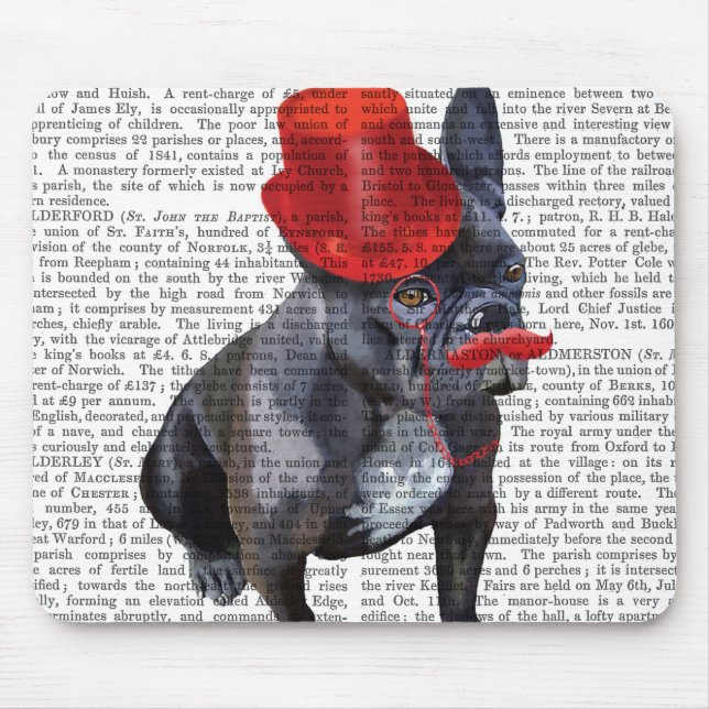 Mousepad Buldogue Francês com Chapéu Vermelho e bigode (Frente)