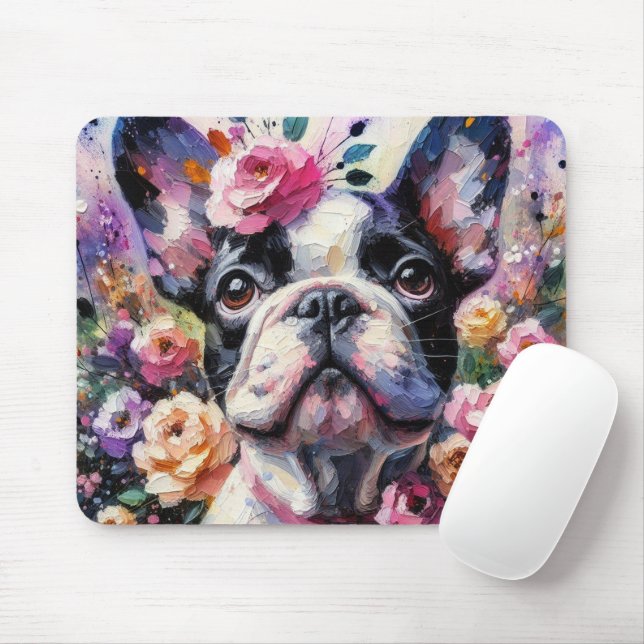 Mousepad Buldogue Francês com Rosa Cachorro Branco Preto (Com mouse)