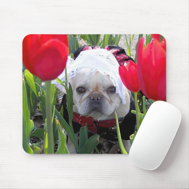Mousepad Buldogue Francês em Jardim das Tulipas Holandesas (Com mouse)