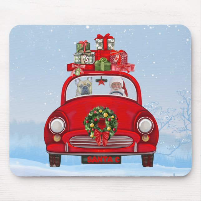 Mousepad Buldogue Francês No Carro Com Papai Noel (Frente)