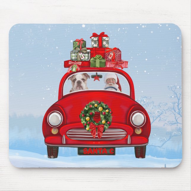 Mousepad Buldogue Inglês No Carro Com Papai Noel (Frente)