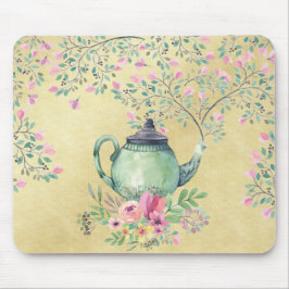 Mousepad Bule elegante e flores da aguarela Dourados