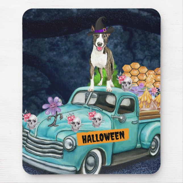 Mousepad Bull Terrier Halloween Caminhão Assustado Noite (Frente)