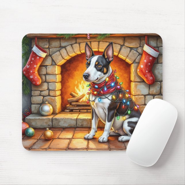 Mousepad Bull Terrier Lareira com Luzes de Natal (Com mouse)