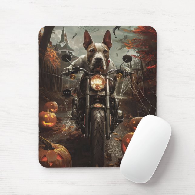 Mousepad Bull Terrier Riding Motorcycle Halloween Scareen (Com mouse)