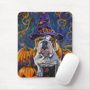 Mousepad Bulldog Assustador da Bruxa do Halloween e Abóbora