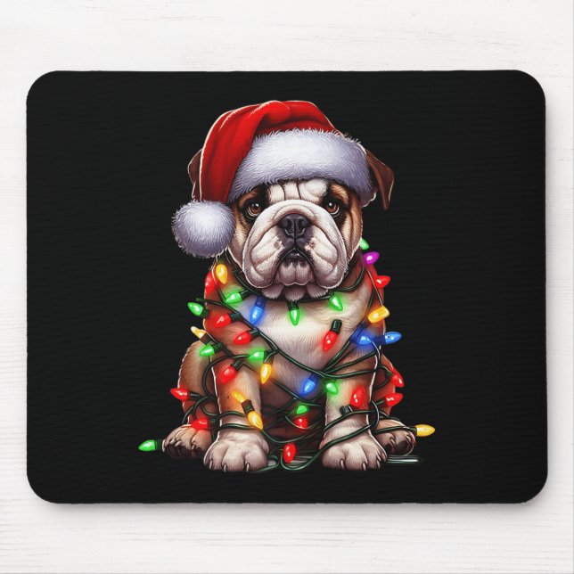 Mousepad Bulldog Dog Christmas Lights Santa Hat Dog Lover P (Frente)