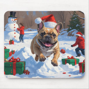 Mousepad Bulldog Francês Correndo na Neve com Chapéu de Nat