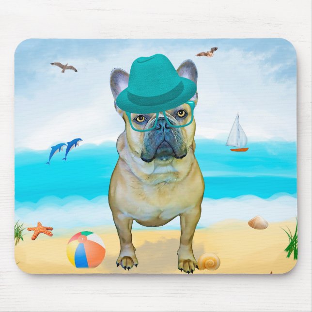 Mousepad Bulldog francês na praia (Frente)
