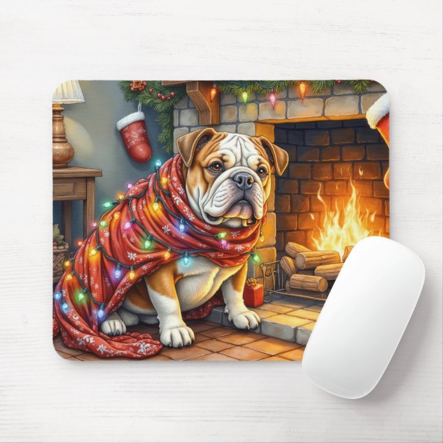 Mousepad Bulldog Sitting by Fireplace with Christmas Lights (Com mouse)