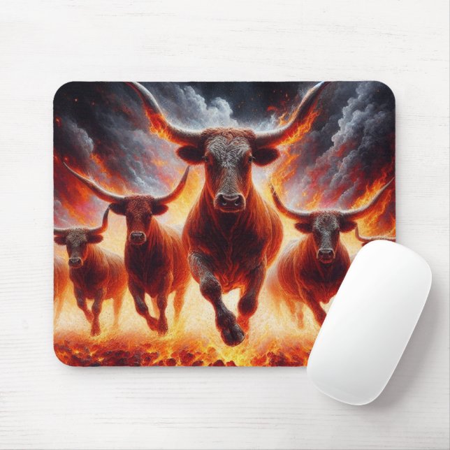 Mousepad Bulls Carregando Através de Uma Paisagem Fiery (Com mouse)