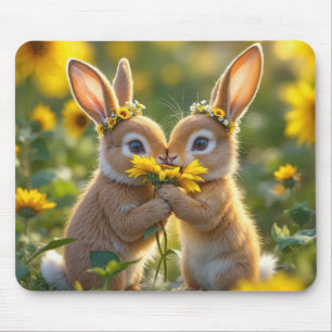 Mousepad Bunnis cheirando girassol amarelo