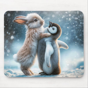 Mousepad Bunny Rabbit Hugging a Penguin