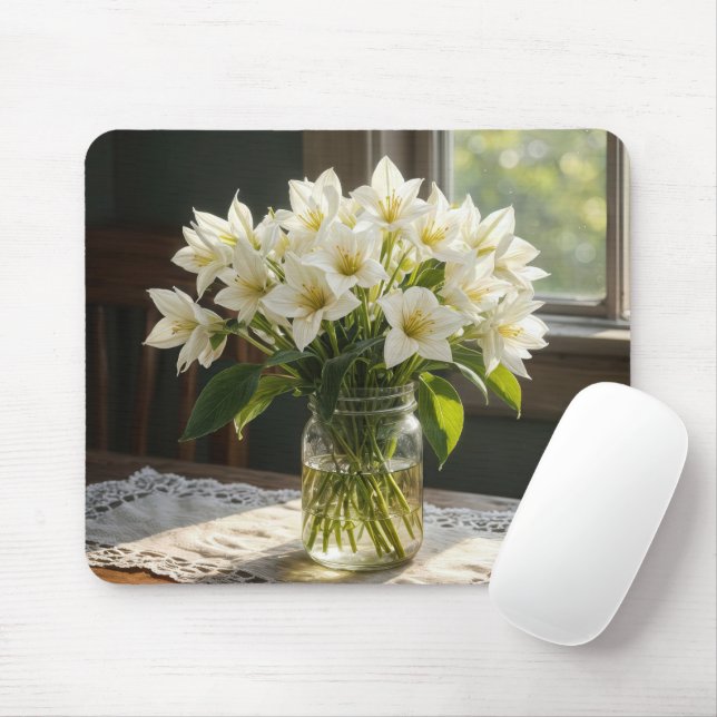 Mousepad Buquê Branco Primavera Trilliums Na Janela De Farm (Com mouse)