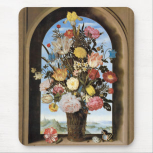 Mousepad Buquê de Bosschaert em uma janela arqueada