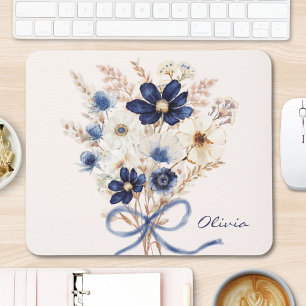 Mousepad Buquê de Flores Azul Marinho Aquarela Personalizad