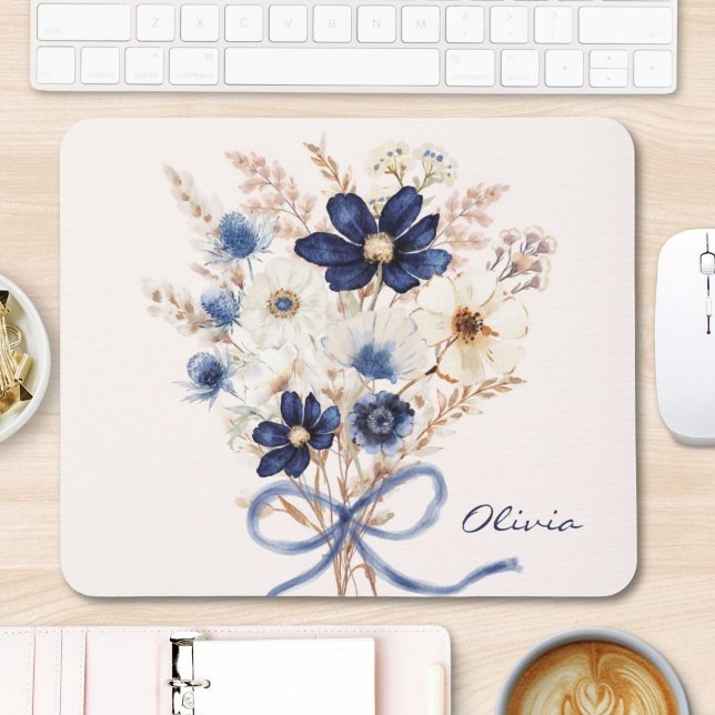 Mousepad Buquê de Flores Azul Marinho Aquarela Personalizad (Criador carregado)