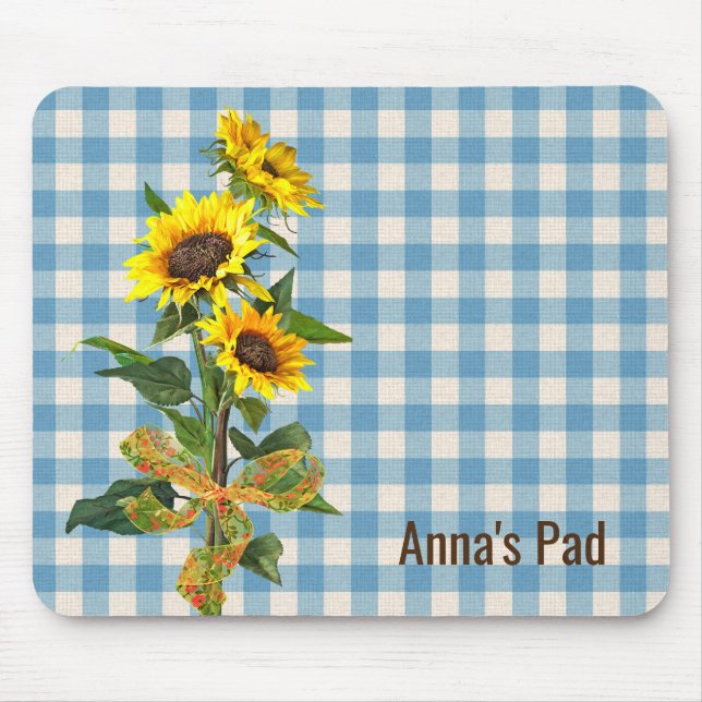 Mousepad Buquê de girassol no suporte de mouse Gingham azul (Frente)