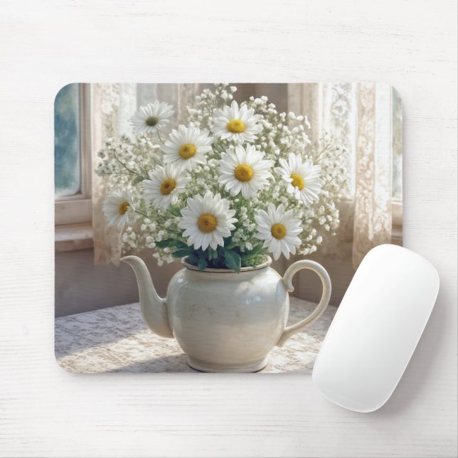 Mousepad Buquê de Margaridas em um Bule de Chá Antigo (Com mouse)