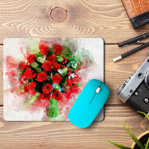 Mousepad Buquê de Rosas Vermelhas Aquarela em Fundo Branco