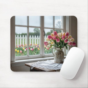 Mousepad Buquê de Tulipas da Primavera pela Janela Chuvosa