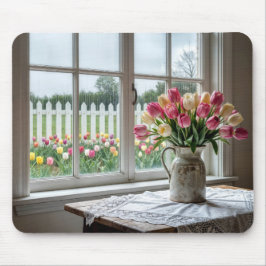 Mousepad Buquê de Tulipas da Primavera pela Janela Chuvosa