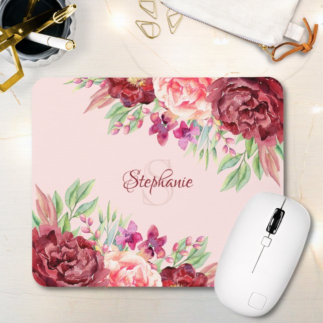 Mousepad Burgundy Blush Floral Monogram Name (Criador carregado)
