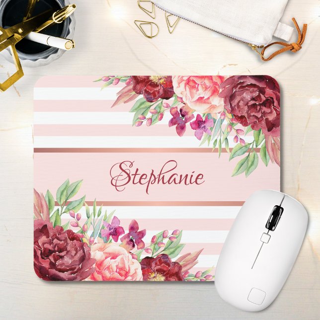 Mousepad Burgundy Blush Floral Stripes Monograma Nome (Criador carregado)
