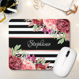 Mousepad Burgundy Floral Black Stripes Monograma Nome