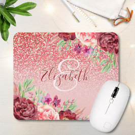 Mousepad Burgundy Floral Rose Gold Glitter Personalized