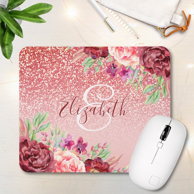 Mousepad Burgundy Floral Rose Gold Glitter Personalized (Criador carregado)