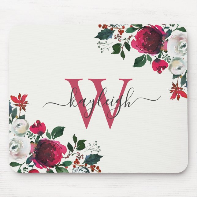 Mousepad Burgundy White Watercolor Floral Name Monogrammed (Frente)