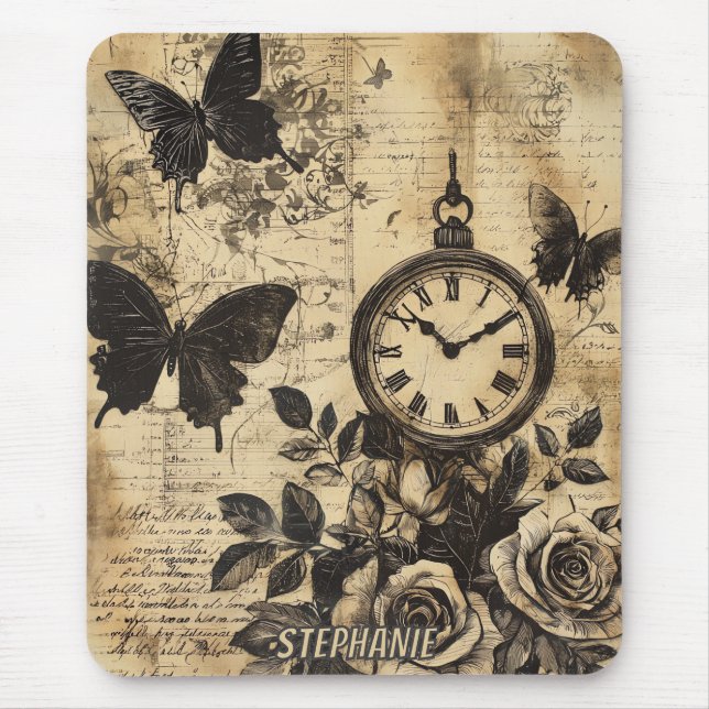 Mousepad Bússola Vintage & Borboleta - Papel Rústico (Frente)