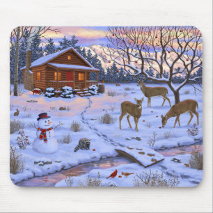 Mousepad Cabana de Inverno Veado Na Neve Cena de Natal