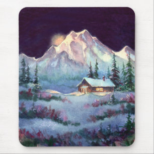 Mousepad CABANA RÚSTICA DE MADEIRA da NOITE do INVERNO por