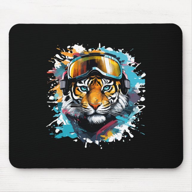 Mousepad Cabeça de Tigre com Óculos de Esqui Esquiando Snow (Frente)