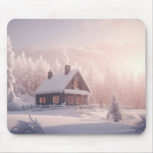 Mousepad Cabina de madeira encantadora coberta por neve em 