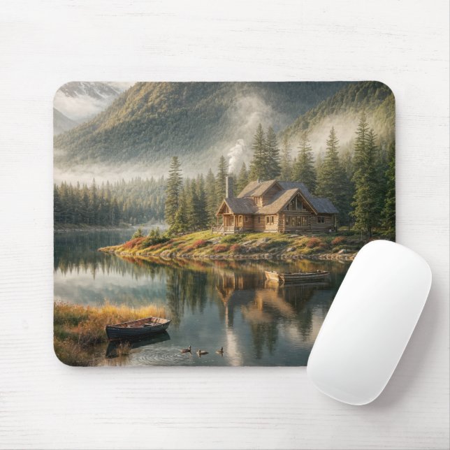 Mousepad Cabina do lago de montanha com Rowboat (Com mouse)
