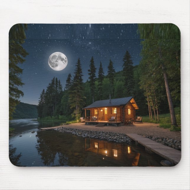 Mousepad Cabina no bosque à noite (Frente)