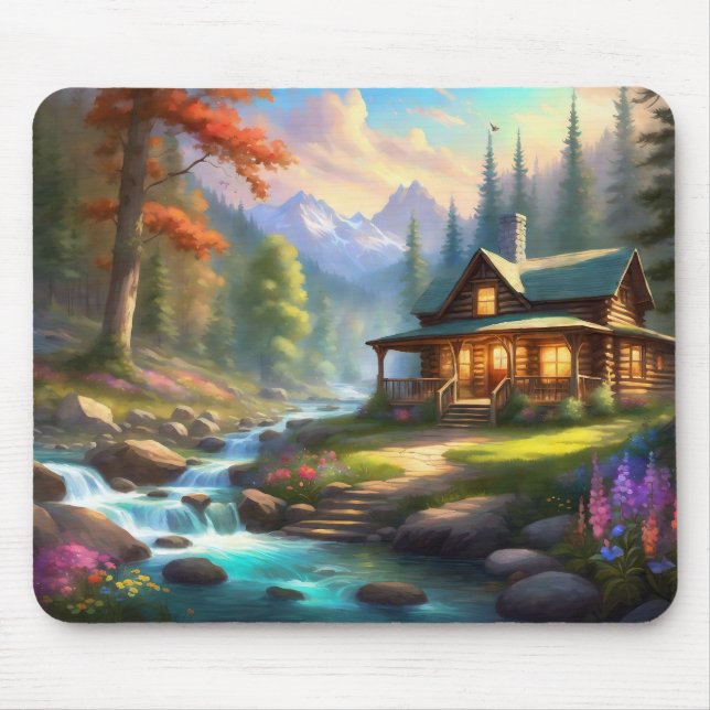 Mousepad Cabina no rio das Montanhas Woods (Frente)